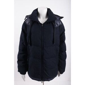 Massimo Dutti Womens Puffer Coat Jacket Navy Blue Wool Hooded Zip Up L Large NWT